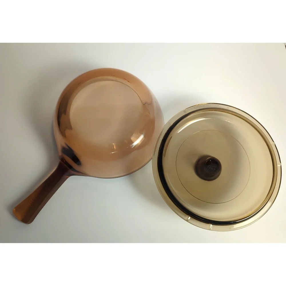 Visions Corning Amber Pyrex Glass 0.5L Sauce Pan Pot with Lid USA Vintage